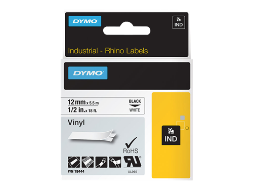 DYMO 18444 Vinyl-Band Rhino IND 12mm x 5,5m Schriftband Schwarz auf Weiß