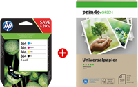 HP 364 Schwarz / Cyan / Magenta / Gelb Value Pack + Prindo Green Recyclingpapier 500 Blatt