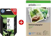 HP 62 Schwarz / mehrere Farben Value Pack + Prindo Green Recyclingpapier 500 Blatt
