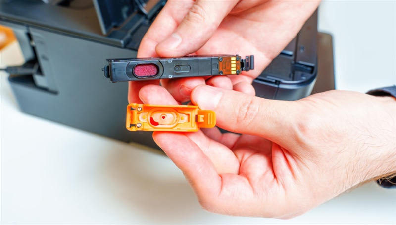 Cartucho de impresora abierto: el chip está visible