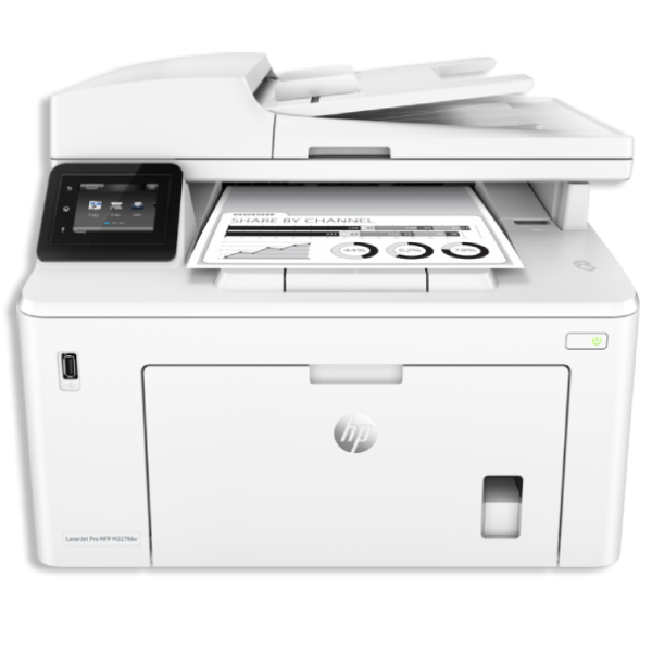 Weißer Laser-Multifunktionsdrucker HP LaserJet Pro MFP M227fdw mit einem Ausdruck im Ausgabefach